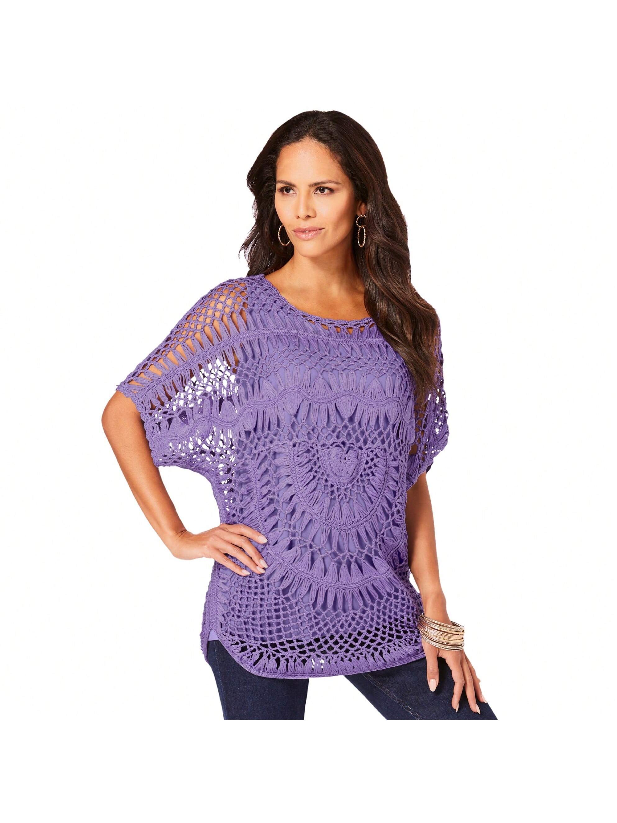 Roaman's Women's Plus Size Pullover Crochet Sweater