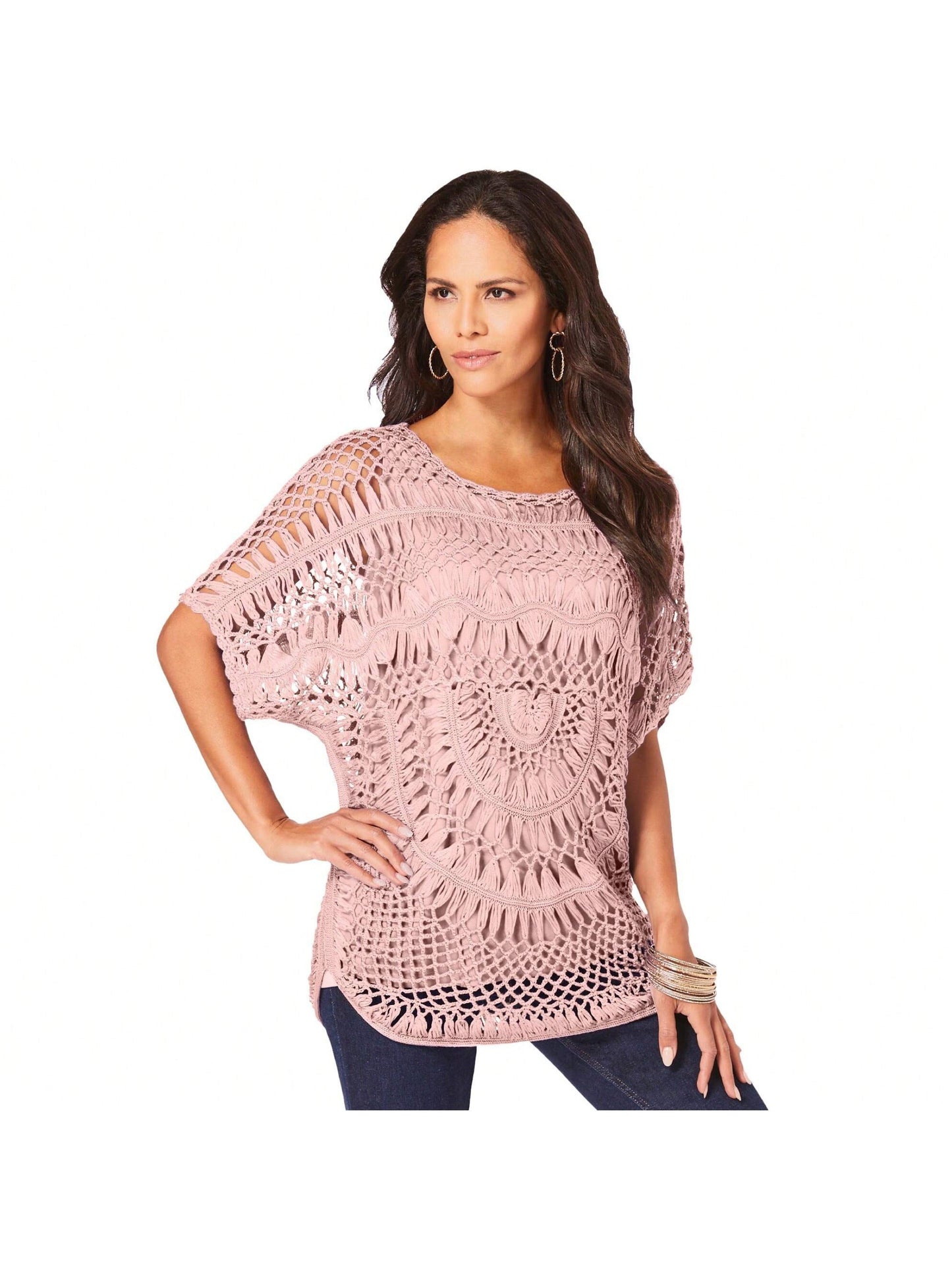 Roaman's Women's Plus Size Pullover Crochet Sweater