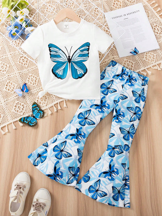 Young Girl Butterfly Printed Short Sleeve T-Shirt And Flare Pants Set, Summer