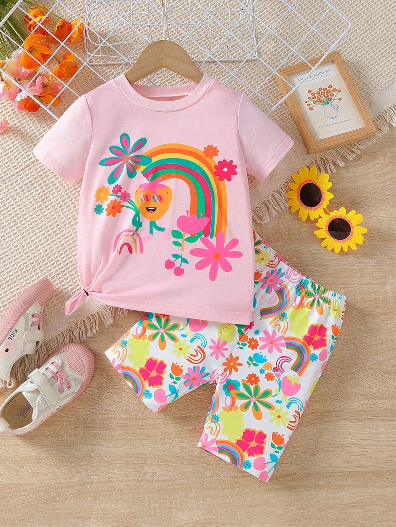 Young Girl Unicorn Printed Short Sleeve T-Shirt And Shorts Set, Summer