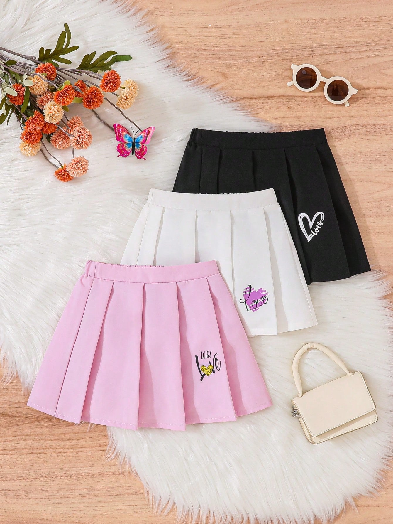 Young Girl 3pcs/Set Casual Heart Print Fashionable Pleated Skirt For Summer Party