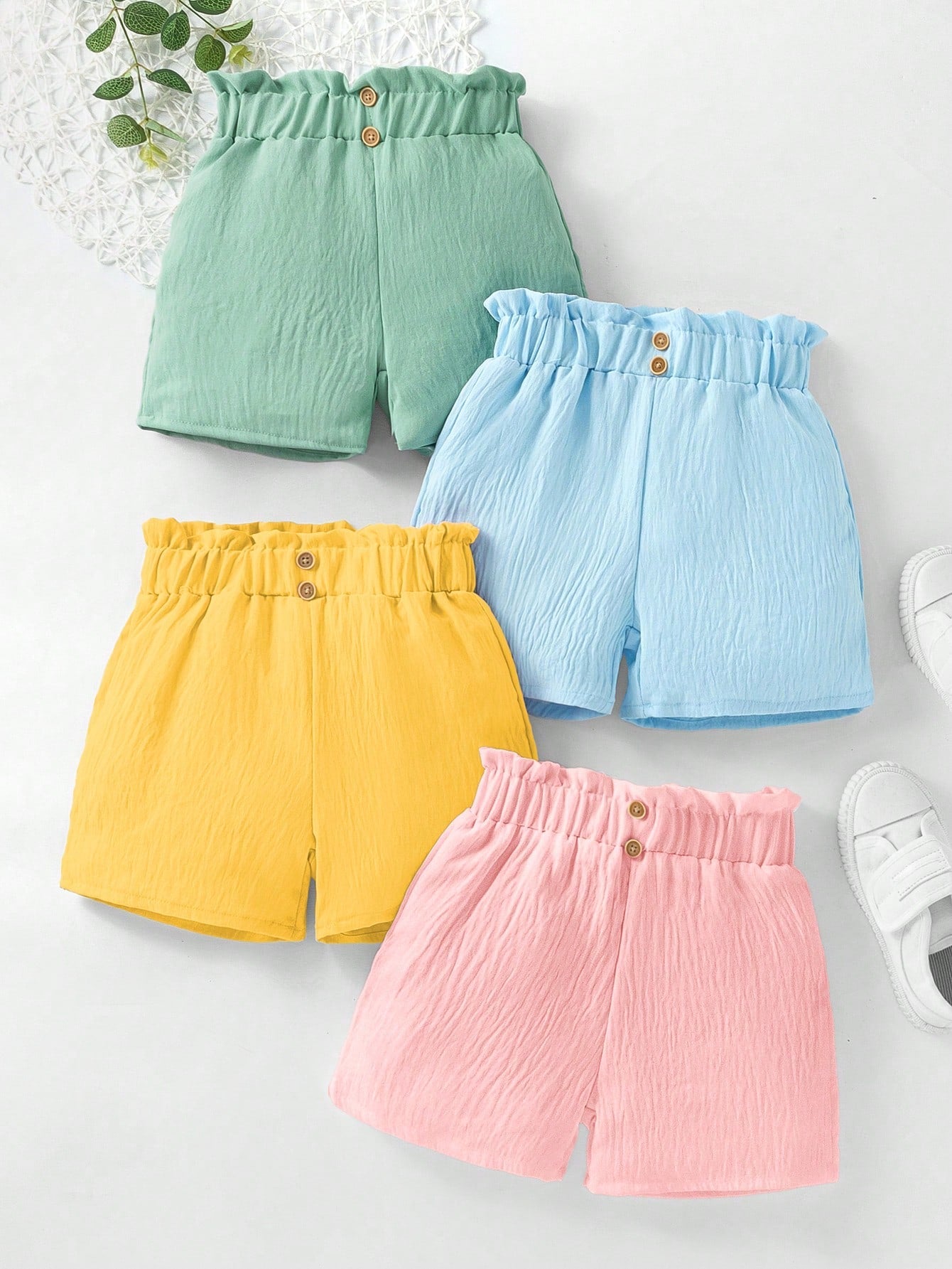 Young Girls' Simple Style Casual Elastic Waistband Shirred Shorts Four-Piece Set For Summer