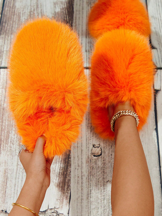 Women's Furry Slippers, Indoor Home Slippers With Added Warmth And Sound Insulation, Large Size Slippers, Faux Fur Fashionable Half-Covered Slippers For Outdoor Wear