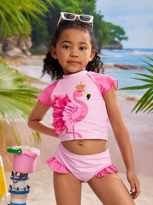 Young Girl Flamingo Print Stand Collar Batwing Sleeve Top And Shorts Cute Tankini Swimsuit Set For Beach Holiday