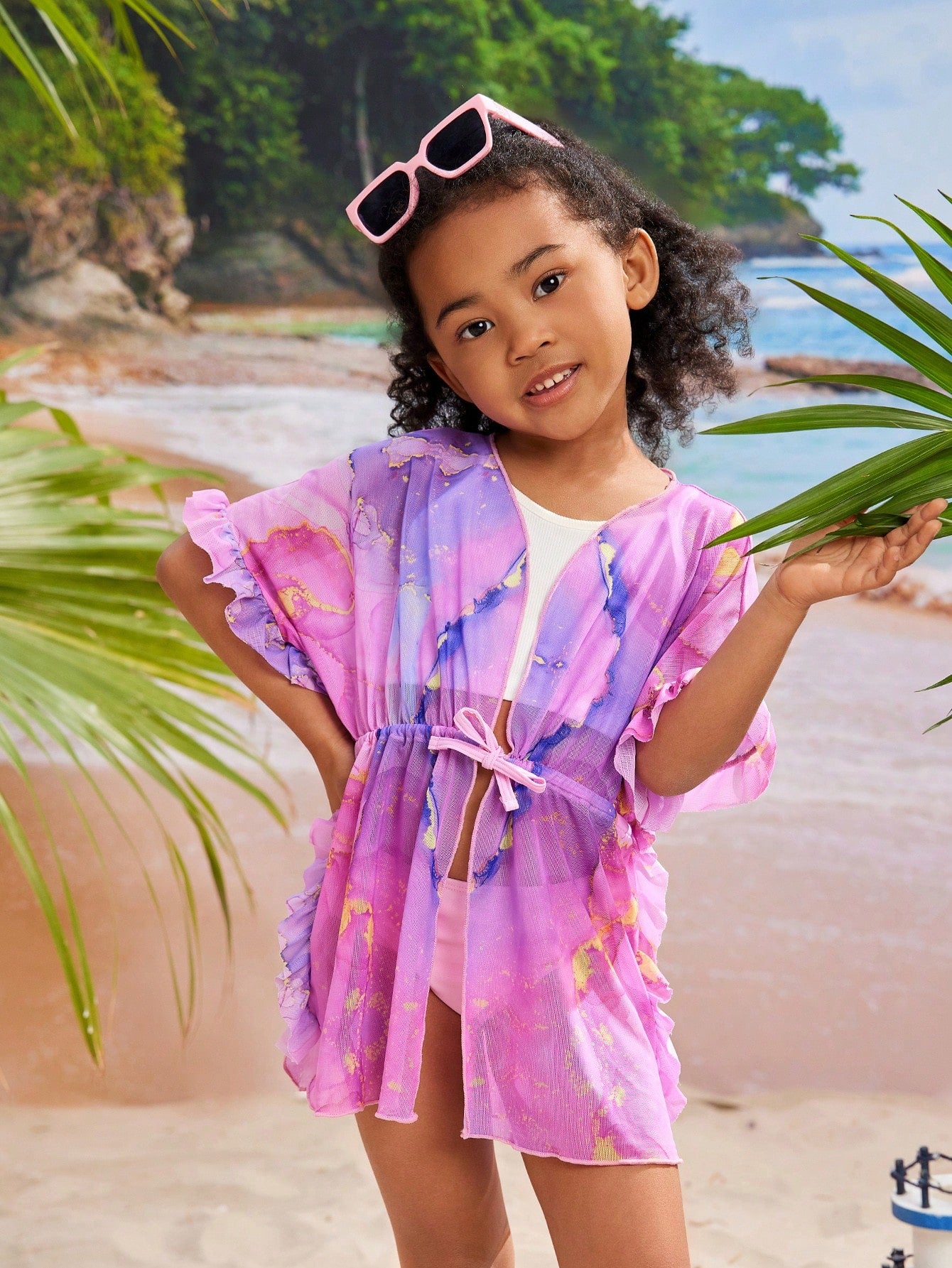 Young Girl Marble Printed Tie-Dye Batwing Sleeve Kimono Cardigan For Vacation