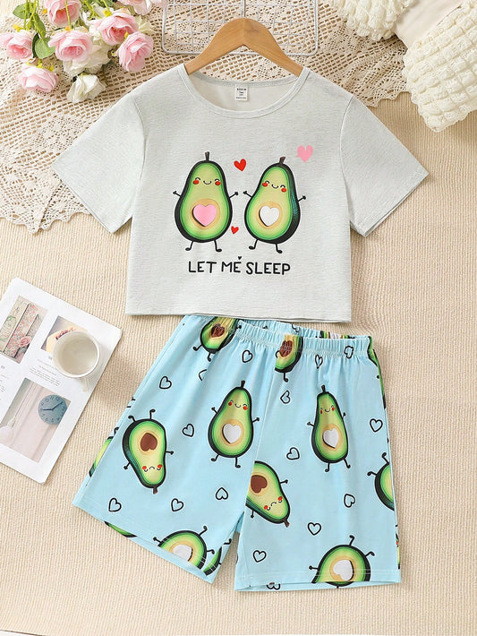 Teen Girl Avocado Print T-Shirt And Shorts Casual Loose Home Clothes