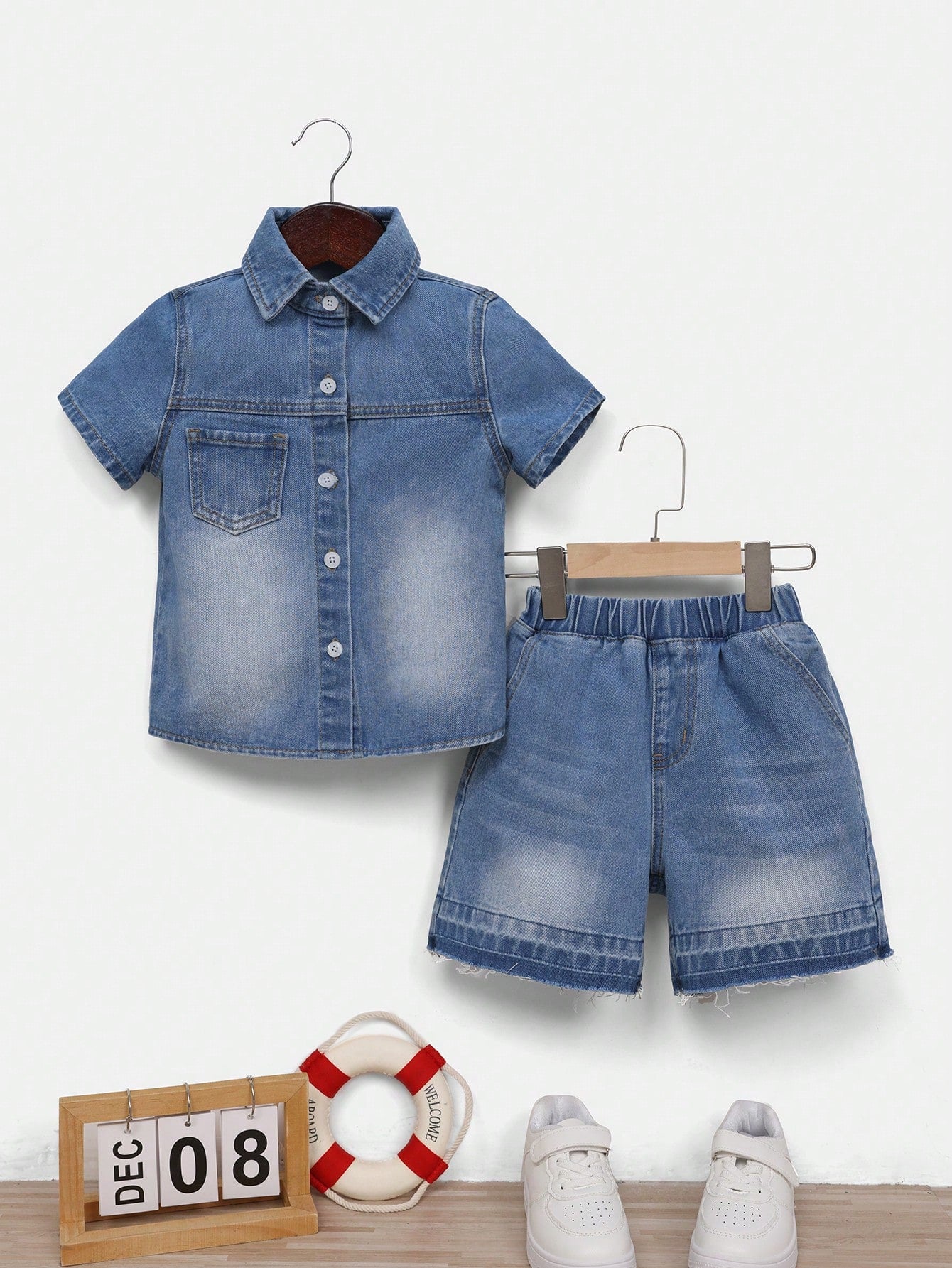 Young Boy Basic Casual Daily Wear Middle-Blue Washed Flat Pocket Denim Shirt & Elastic Waist Bermuda Denim Shorts Set