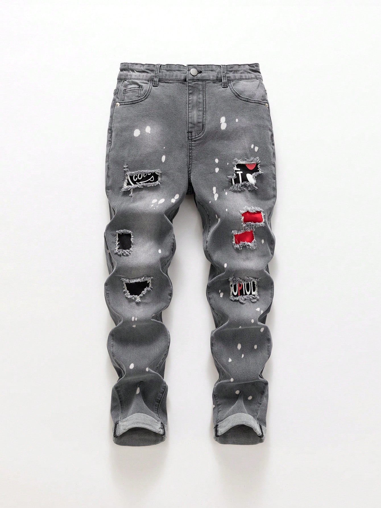 Teen Boy Grey Ripped Printed Patch Stretch Tapered Jeans With Rolled-Up Hem