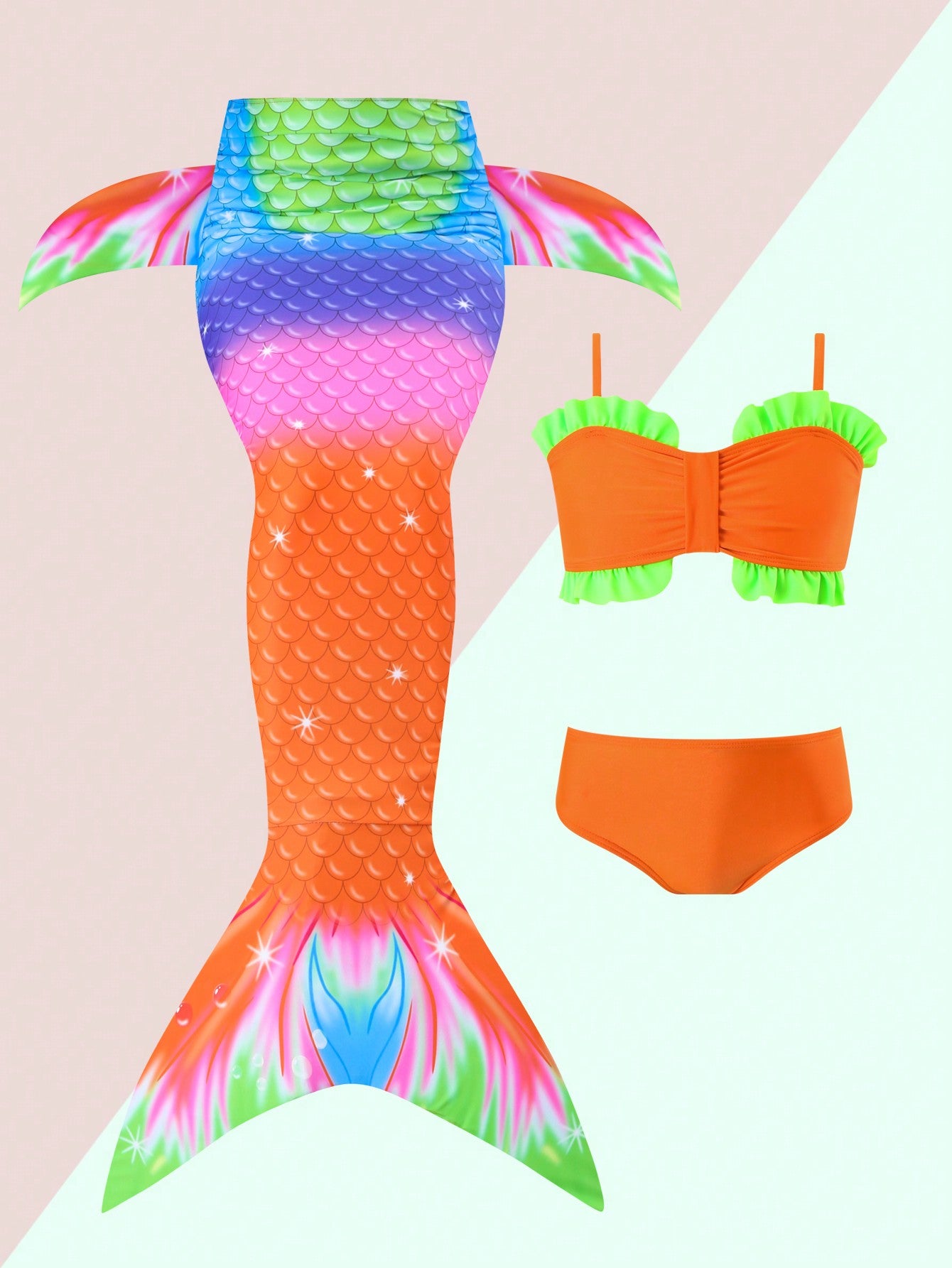 Young Girl 3pcs Fish Scales Print Ruffle Trim Mermaid Tail Set