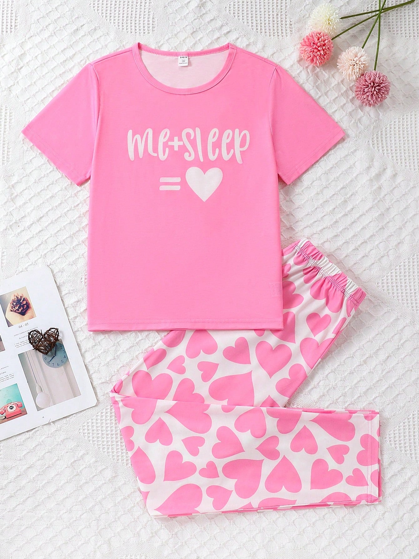 Teen Girls' Pink Simple Heart Printed Round Neck Short Sleeve Top And Long Pants Loose Casual Homewear