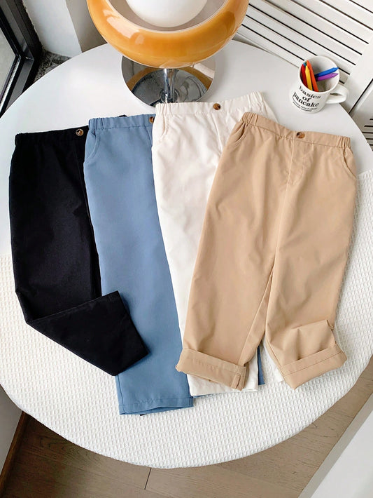 4pcs/Set Young Boy Casual Academy Style Solid Color Button & Pockets Design Loose Comfortable Long Pants, Versatile For Outdoors, Vacations, Parties, School, Home Wear, Suitable For Spring And Summer