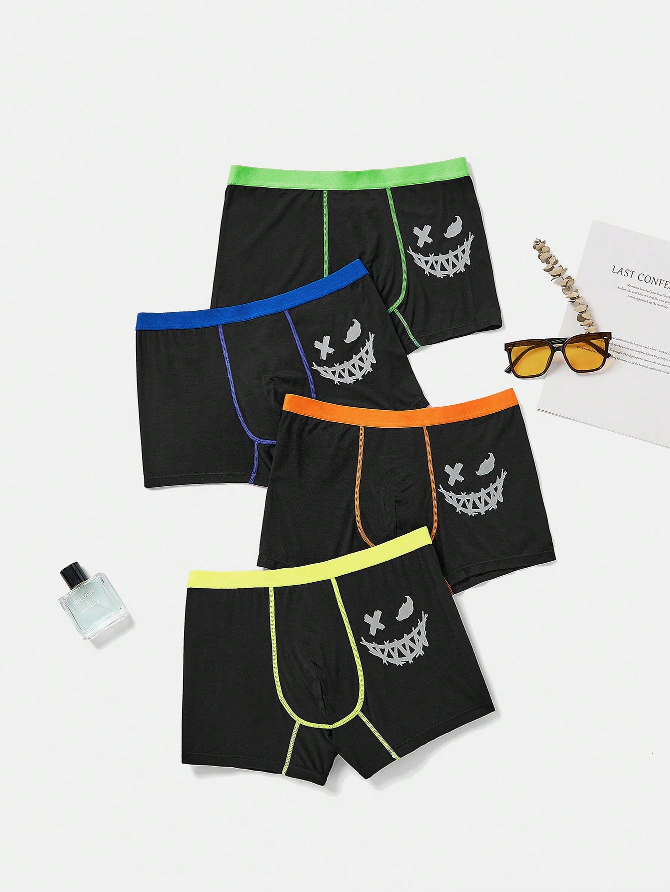 Teen Boy Fun Cartoon Pattern Color Blocking Waist Elastic Band Comfortable Sports Shorts 4pcs/Set