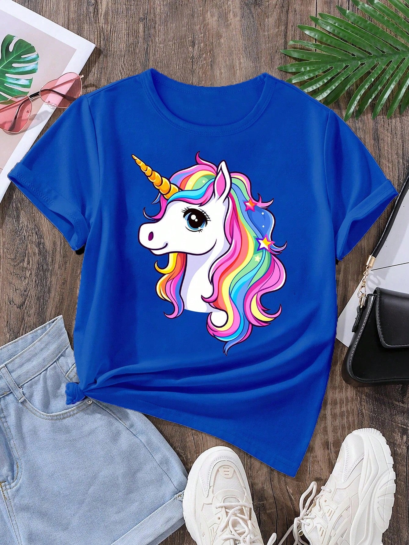 Tween Girl Summer New Unicorn Cartoon Cute & Dynamic Printed Black T-Shirt