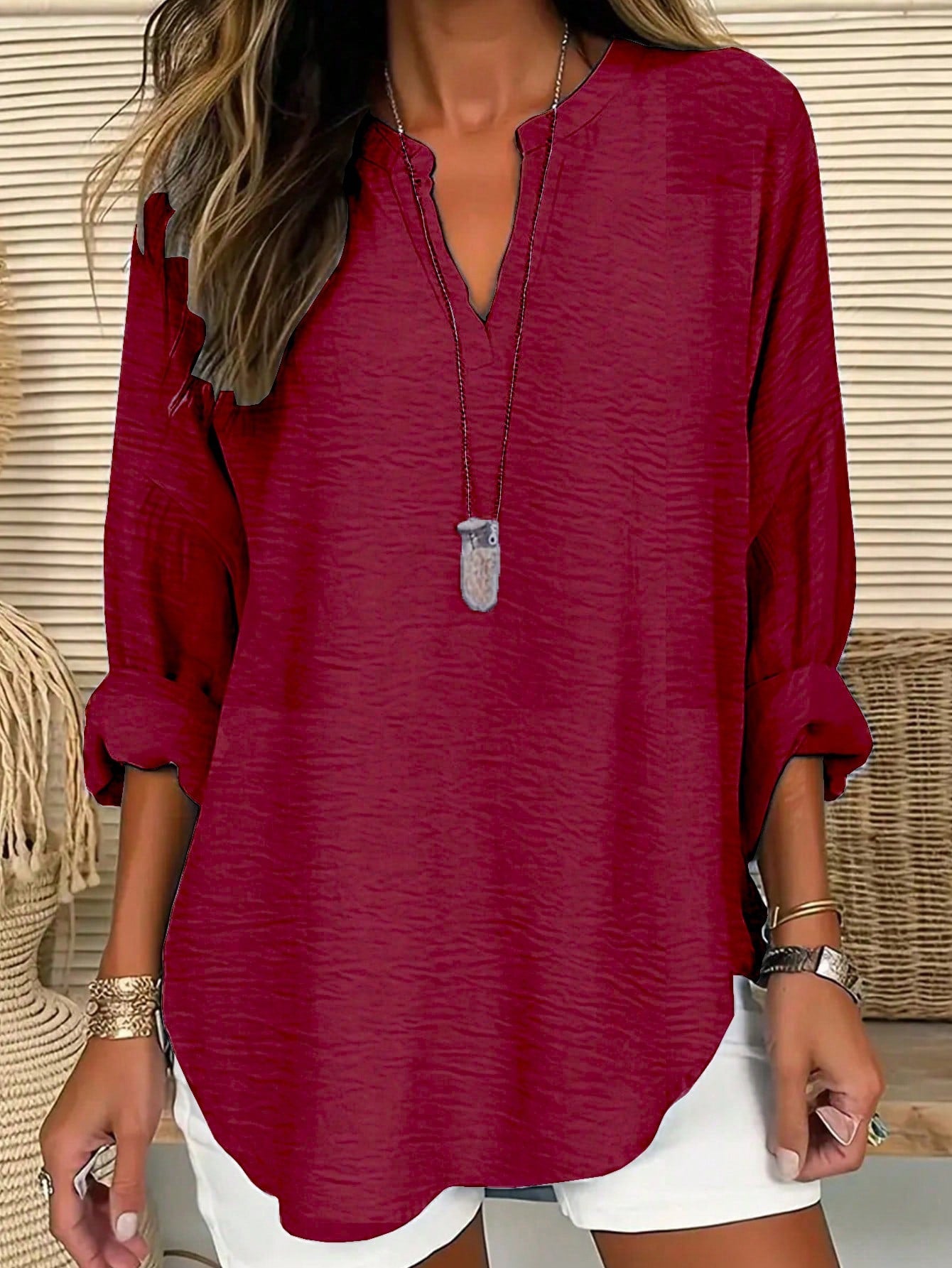 Plus Size Solid Color Casual Shirt With Notched Collar