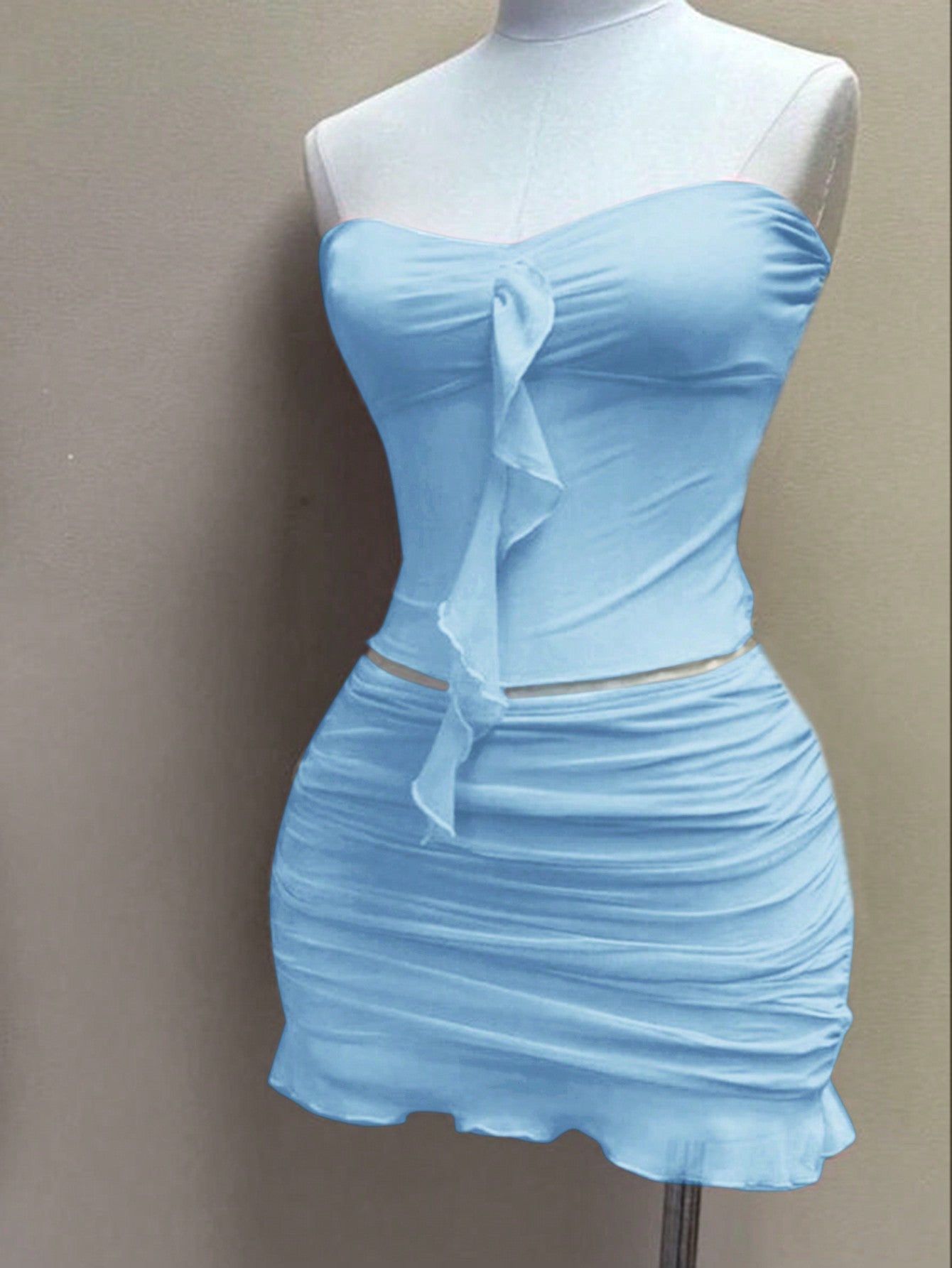 Women's Ruffle Mesh Strapless Top And Bodycon Skirt Set