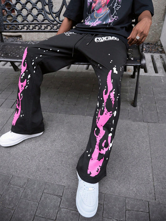 Men's Street-Style Flared Pants With Flame Print