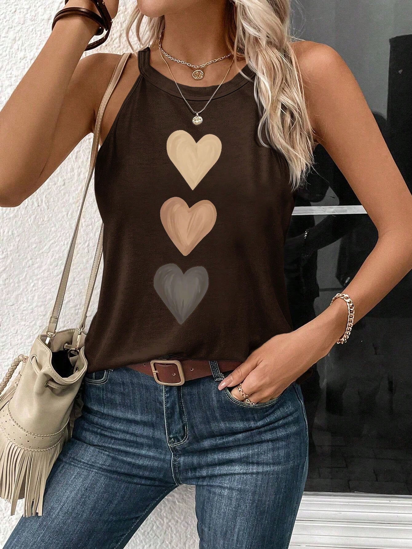 Heart Shaped Pattern Casual Sleeveless Top, Suitable For Summer, Slim Fit Women's Tank Top