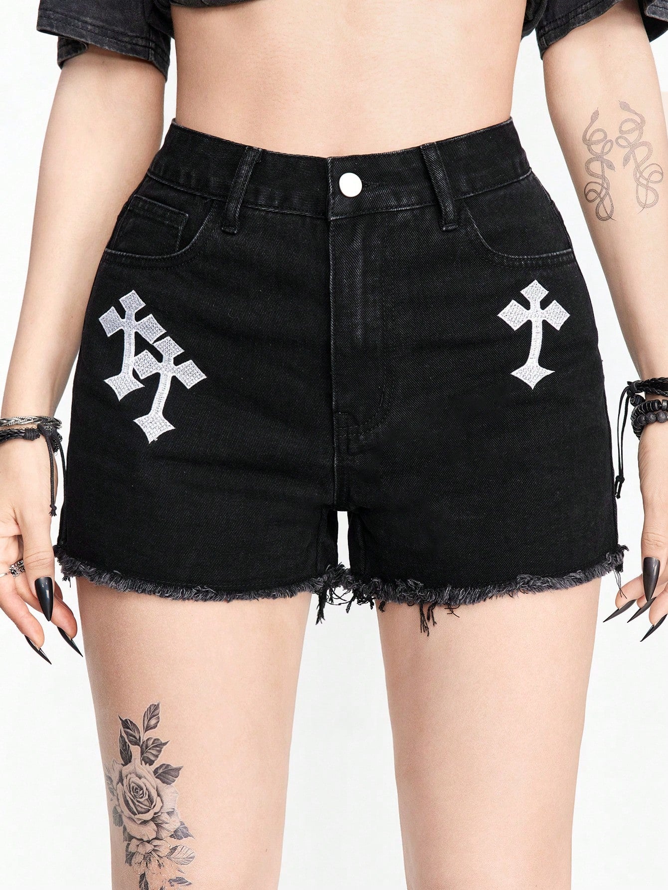 Punk Cross Embroidery Raw Hem Denim Shorts