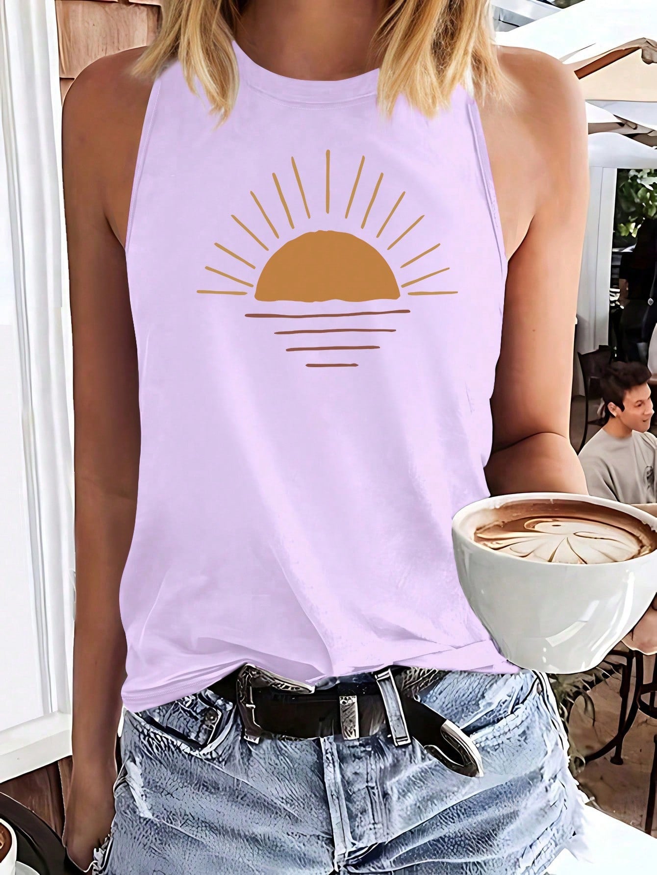 Simple Sun And Sunrise Print Casual Tank Top With Round Neckline