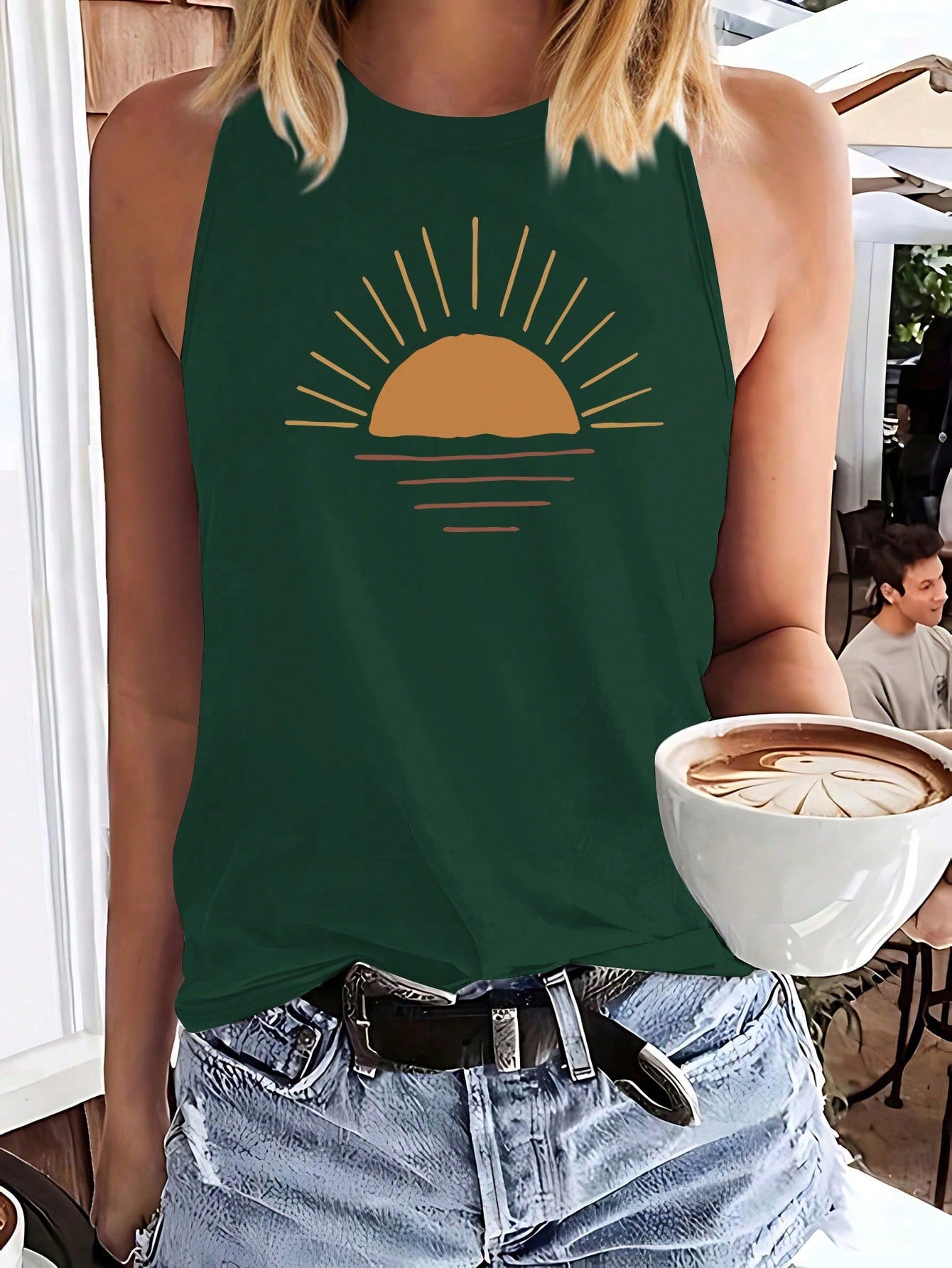 Simple Sun And Sunrise Print Casual Tank Top With Round Neckline