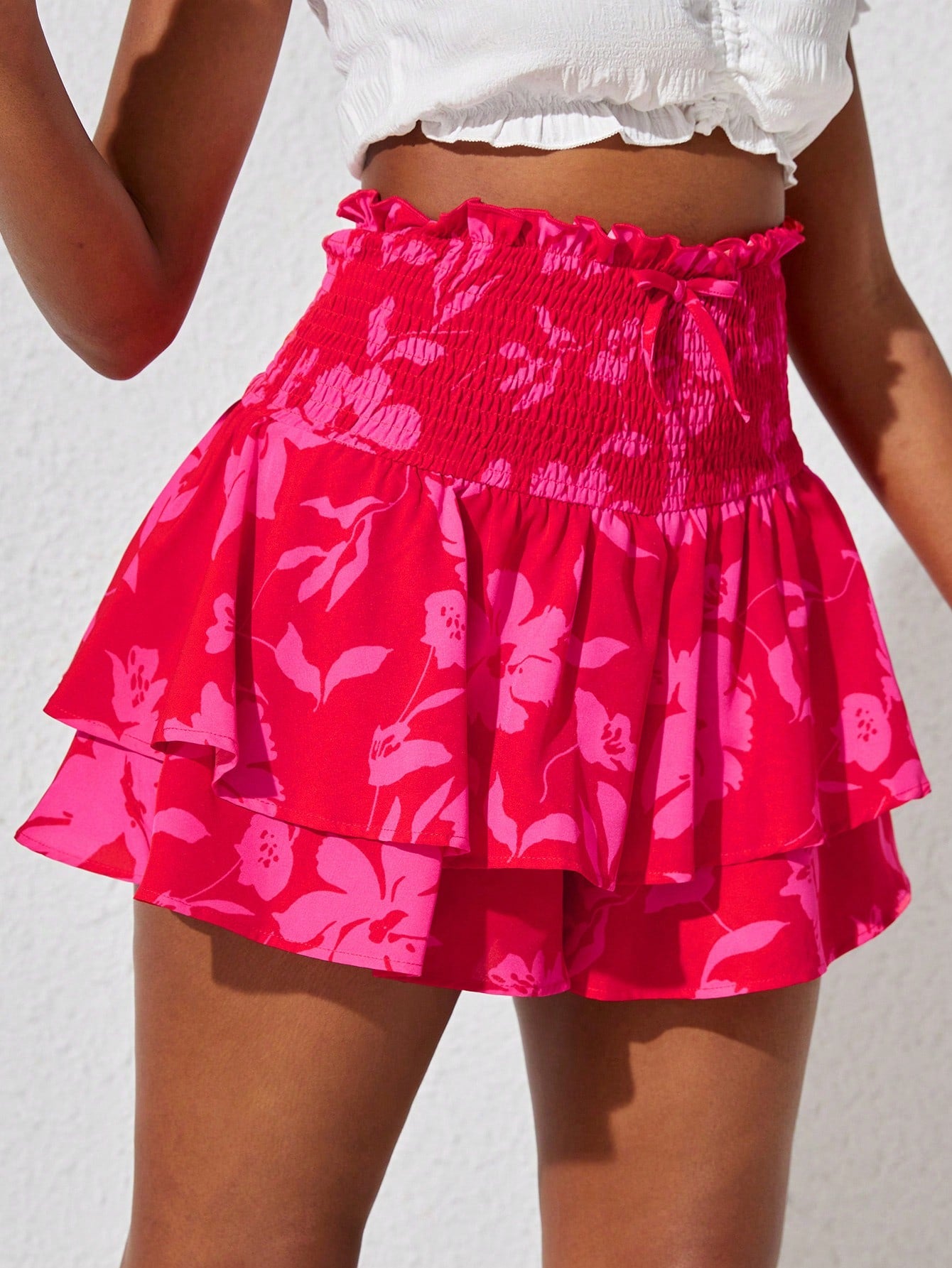 Teen Girl Woven Floral Pattern Waist Tie Double-Layer Ruffle Hem Casual Skort With Bow