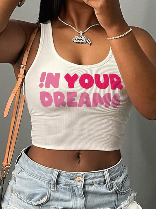 Women Fashionable Summer Pink Printed Crop Tank Top With Rib-Knit Pattern YOUR DREAMS