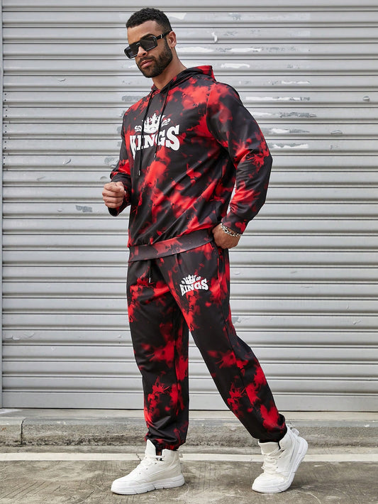 Men Plus Size Hooded Sweatshirt And Pants Set With Letter Tie-Dye Print For Spring And Autumn