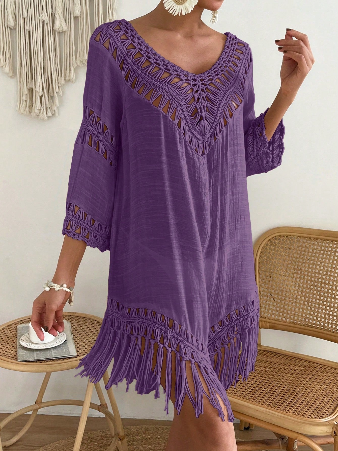 Swim Fringe Hem Crochet Cover Up Dress,Summer Beach