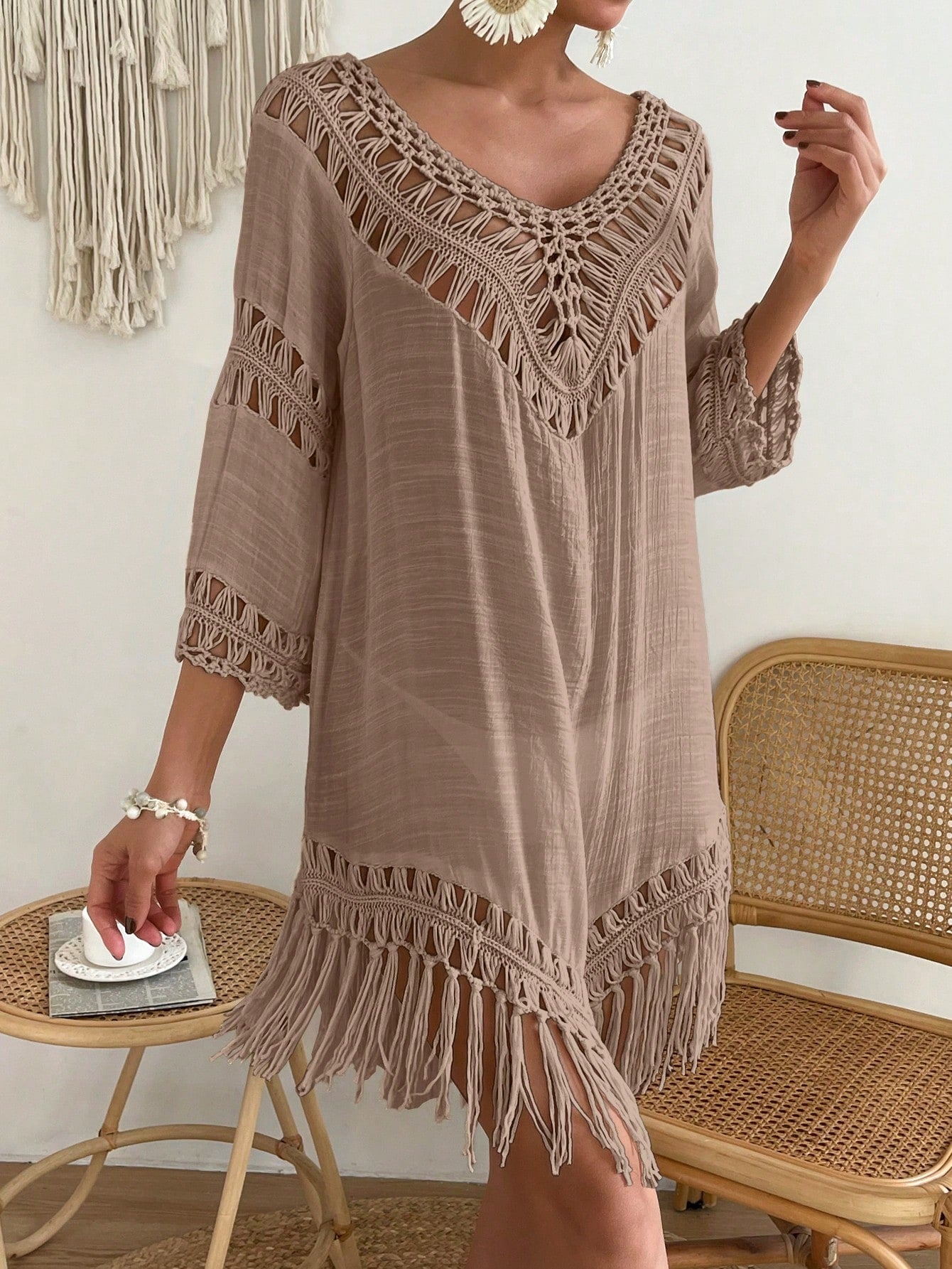 Swim Fringe Hem Crochet Cover Up Dress,Summer Beach