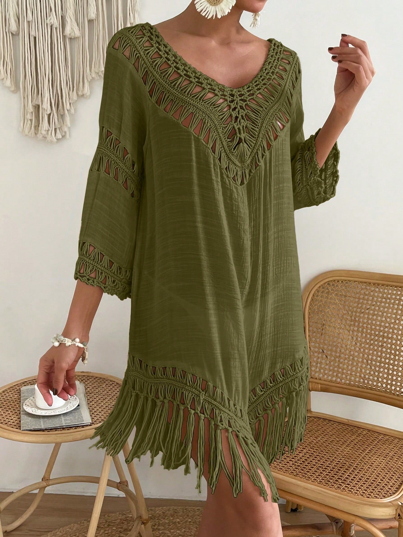 Swim Fringe Hem Crochet Cover Up Dress,Summer Beach