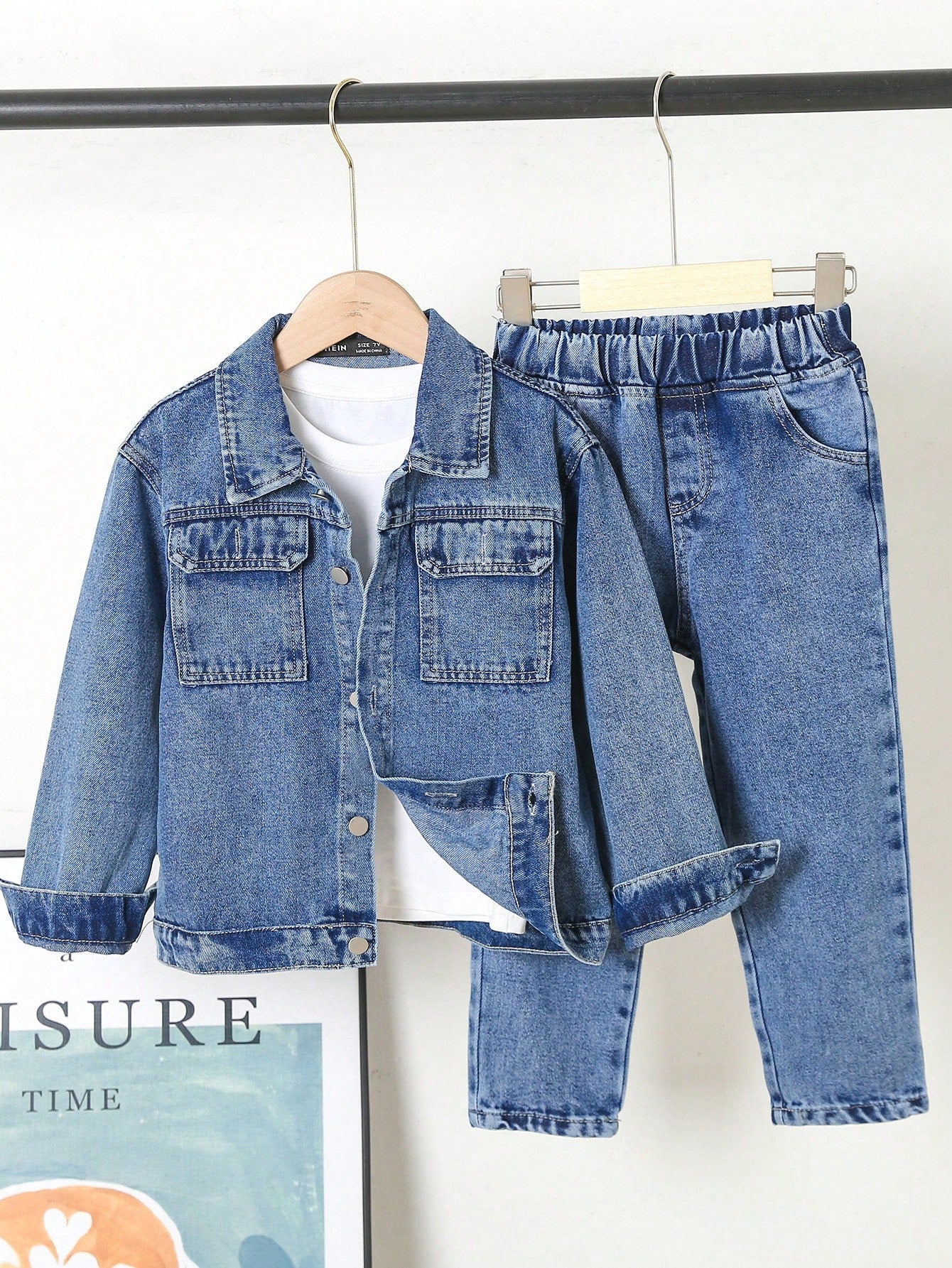 Kids Young Boy 1pc Flap Pocket Denim Jacket & 1pc Jeans