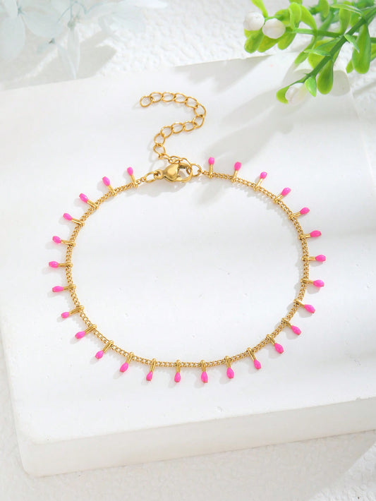 1pc Sweet Trendy Pink Beaded Decor Foot Shaped Stainless Steel Chain Anklet For Teen Girls Kids Summer Fashion Beach Party Anklet For Daily Wear