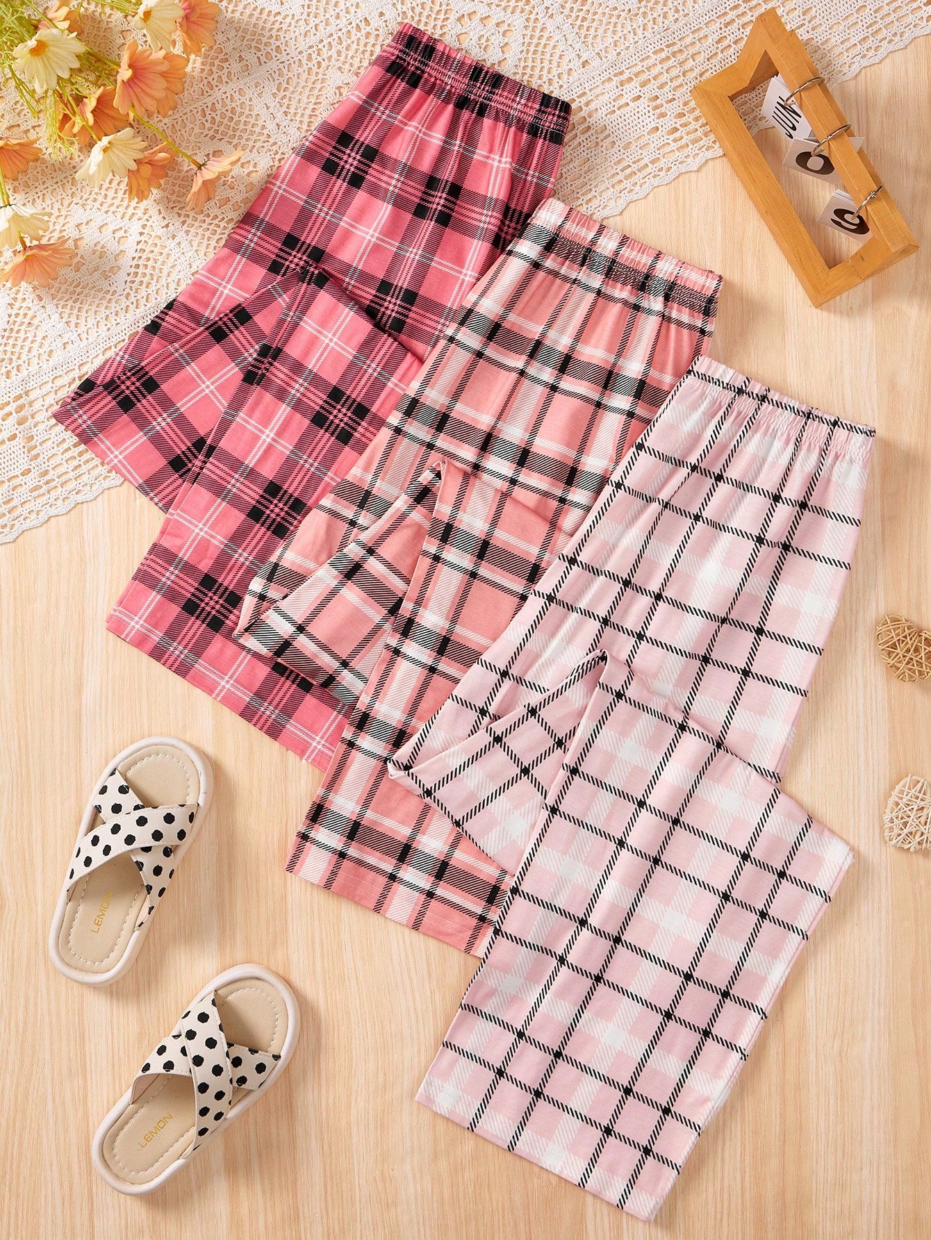 Teen Girl Set Of 3 Cozy Plaid Print Flame-Retardant Long Pants Sleepwear