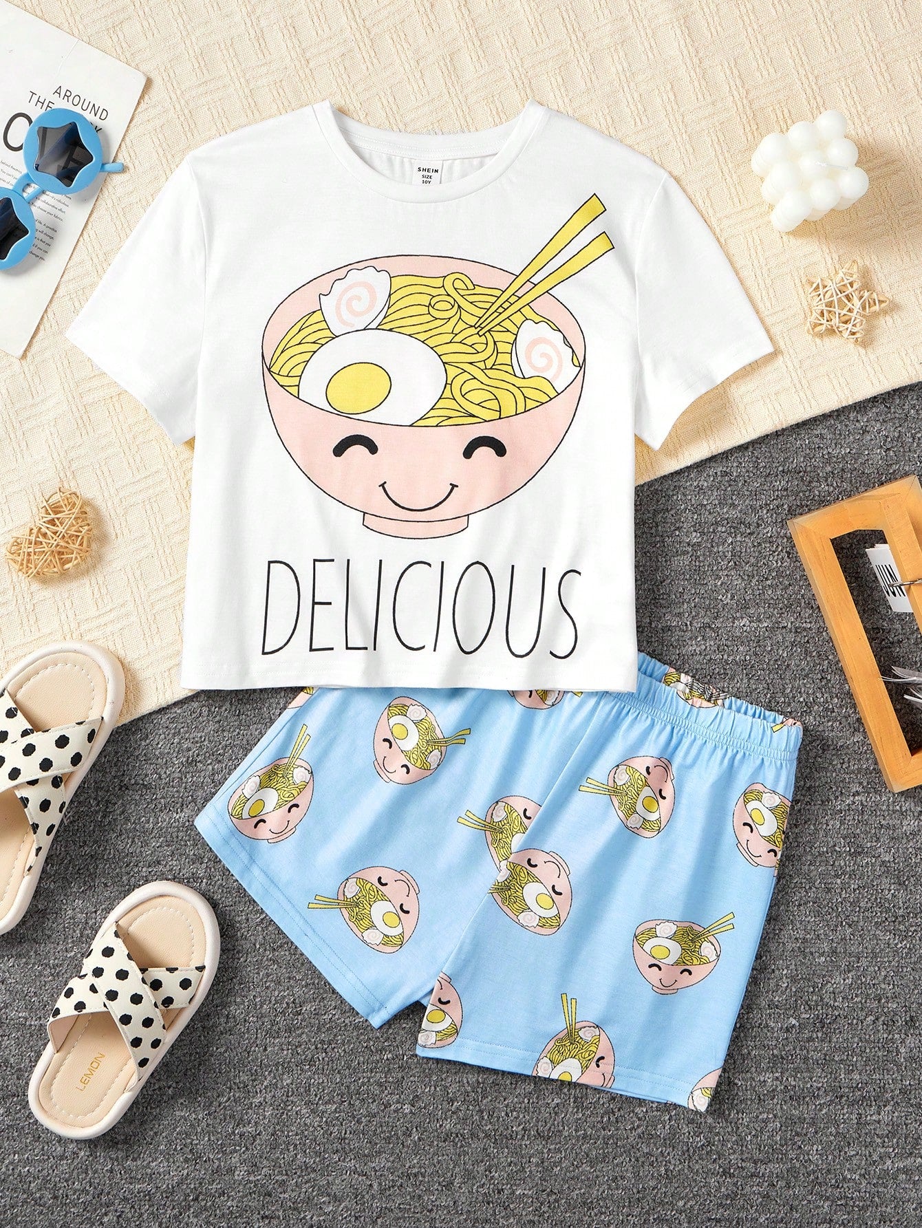 Tween Girl 2pcs Summer Casual Fried Egg Pattern Short Sleeve Shorts Flame Resistant Pajama Set