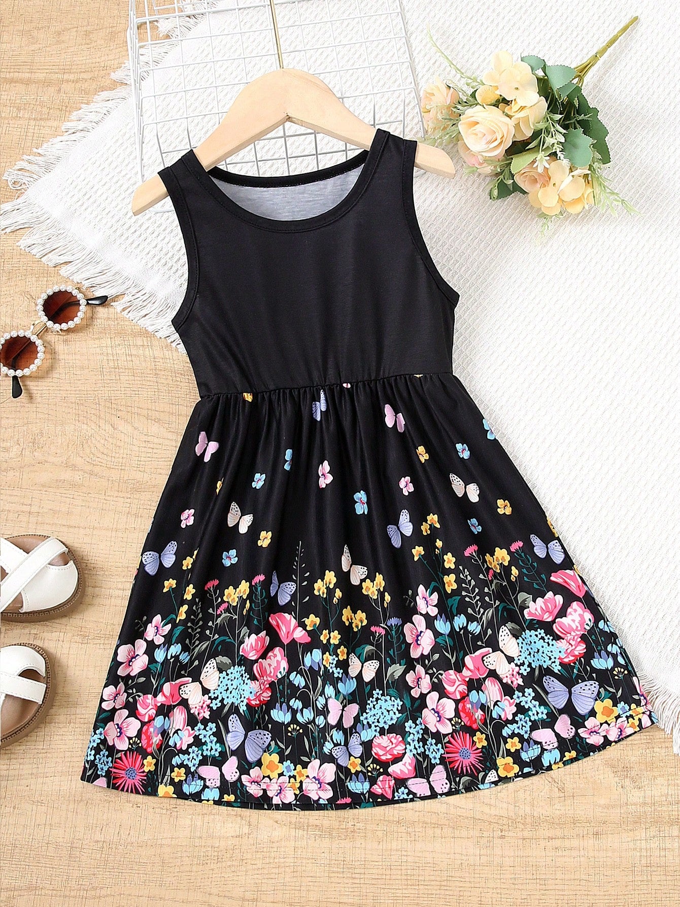 Girls' Sleeveless Ditsy Floral Casual Dress