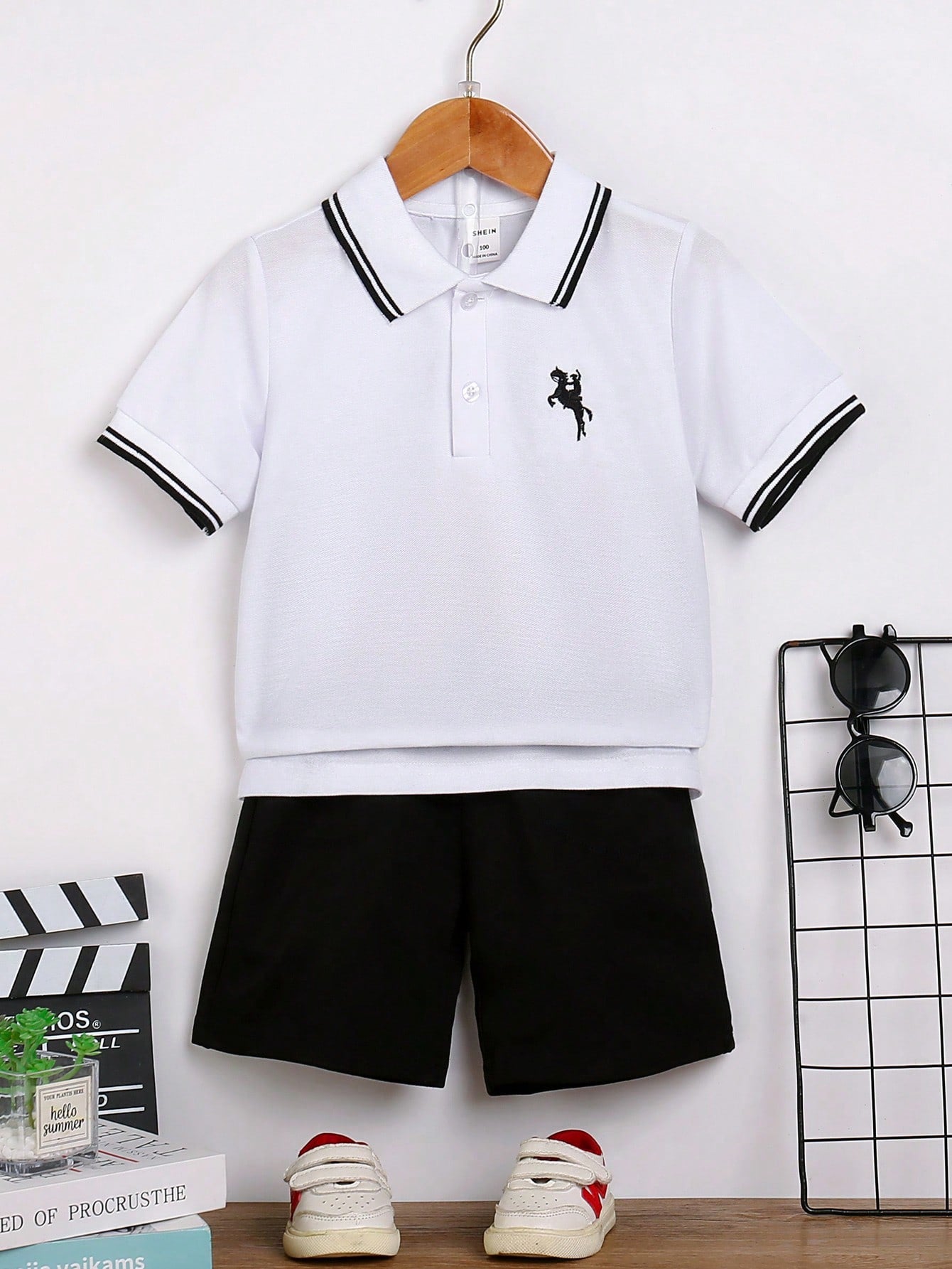 Young Boy Solid Color Striped Polo Shirt With Front Button