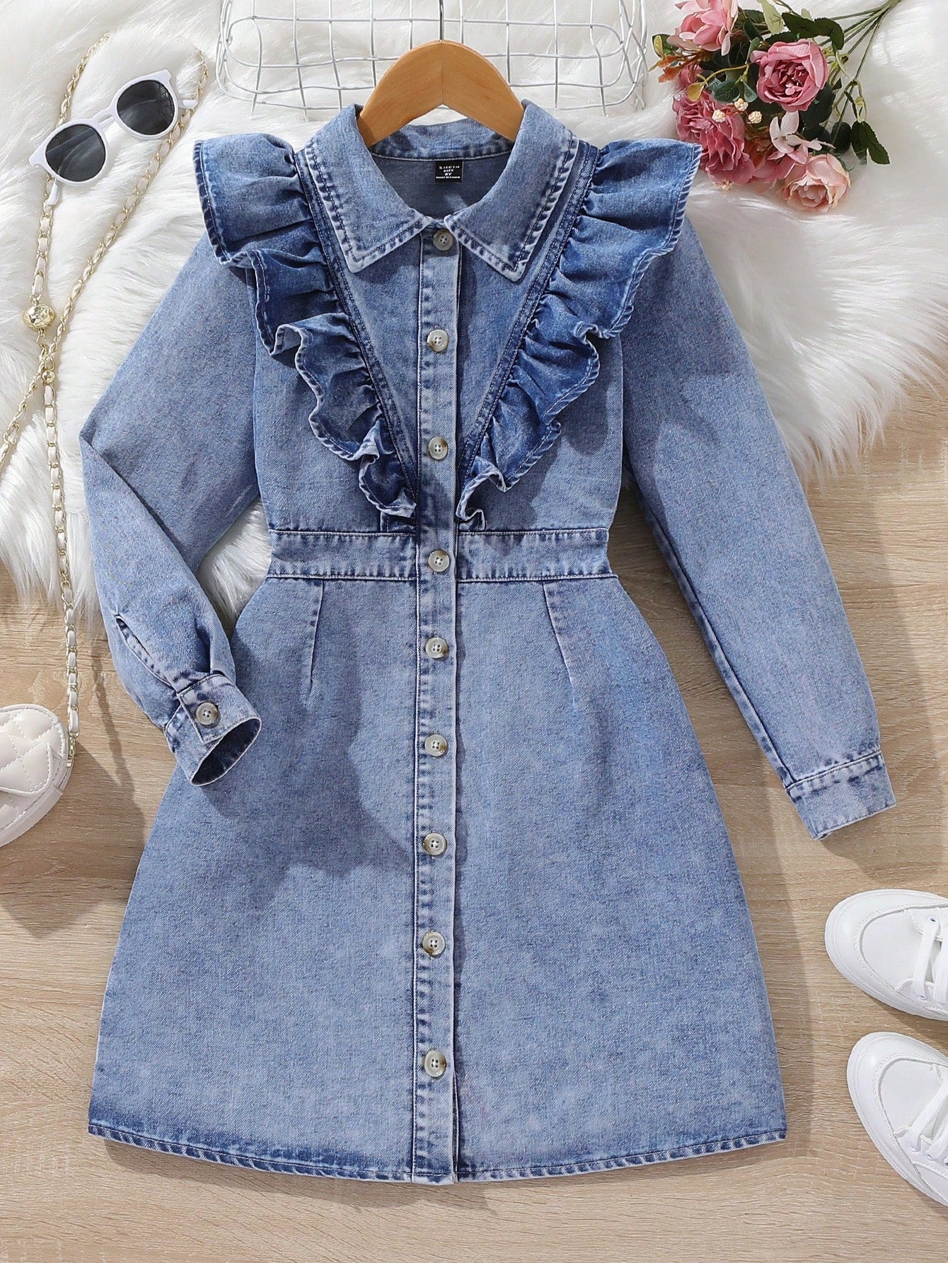 Tween Girl Elegant Academy Style Mid-Blue Wash Denim Shirt Dress With Ruffled Hem