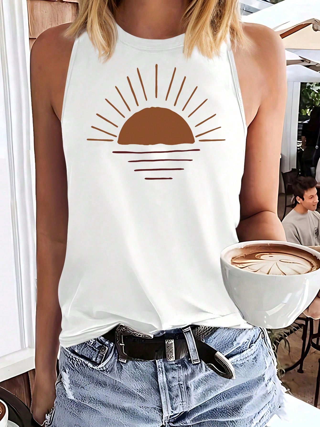 Simple Sun And Sunrise Print Casual Tank Top With Round Neckline