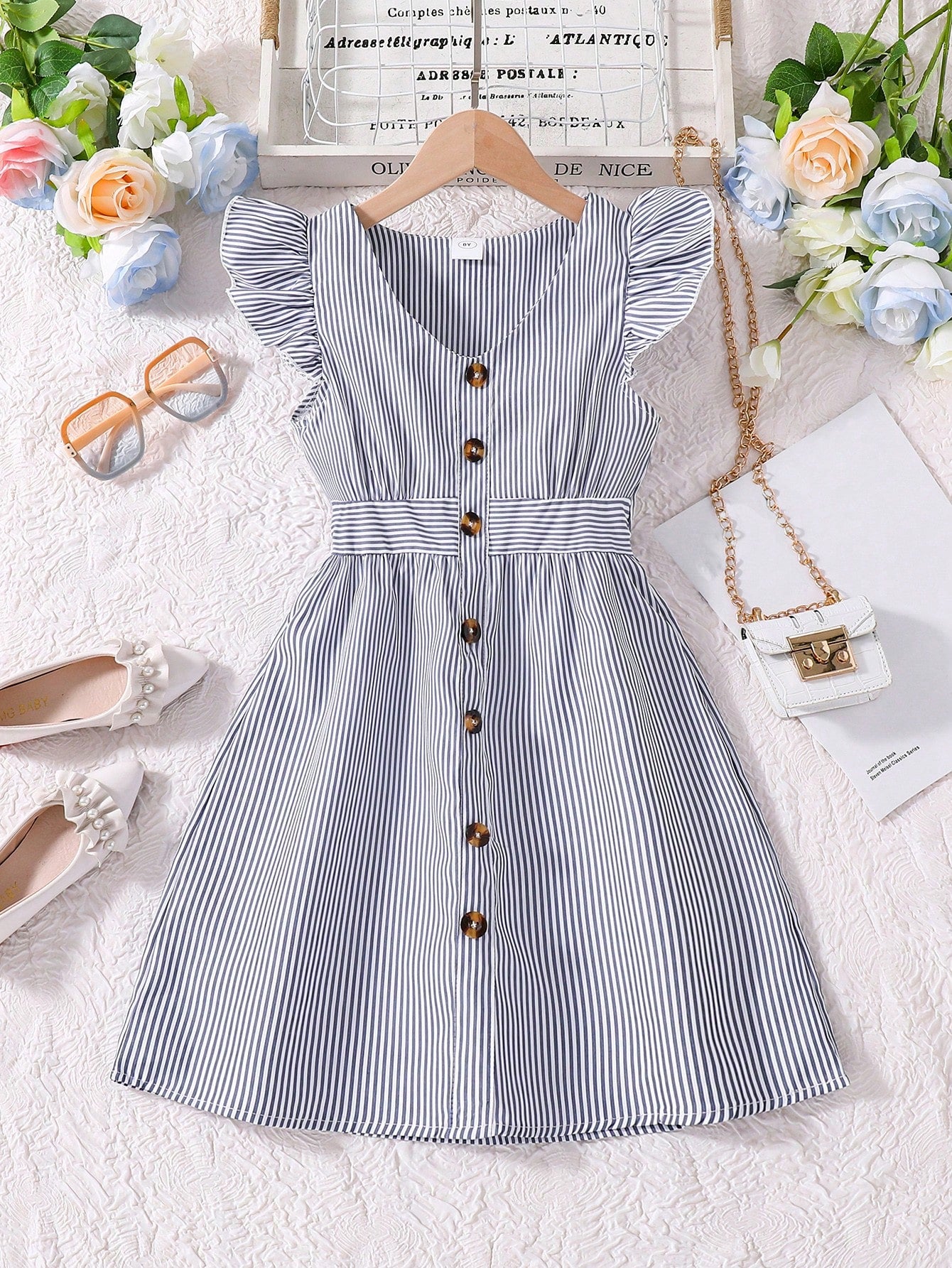 Tween Girl Fresh Striped Flying Sleeve V-Neck Cinched Waist Dress For Summer