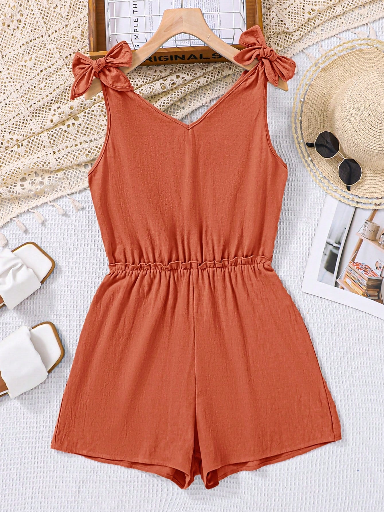 Teen Girl's Woven Solid Color V-Neck Cinched Waist Butterfly Shoulder Strap Casual Romper