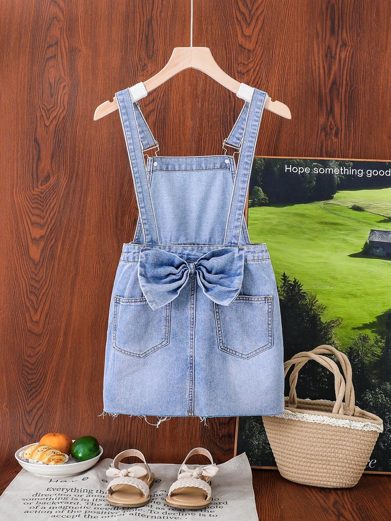 Tween Girl Summer Boho Cute Bow Knot Back Design Ripper Denim Overalls Dress With Raw Hem,Girls Summer Clothes Outfits