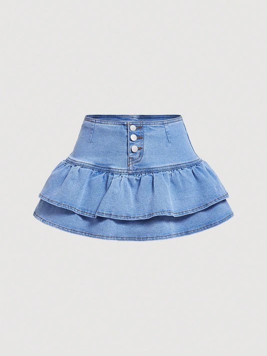 Women Sexy Summer Denim Mini Skirt With Ruffle Hem