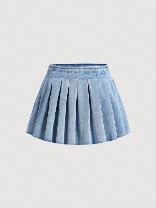 Tween Girl Y2K Trendy Beach Washed Denim Pleated Half Denim Short Skirt With A Line,Girls Summer Clothes Skirt Outfits