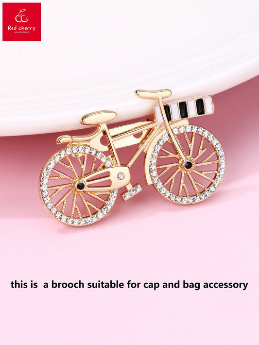 1pc Cute Zinc Alloy Gold-Plated Bicycle Brooch With Transparent Plastic Rhinestones, Suitable For Daily Outfit Matching Like Jeans And Shirts For Girls