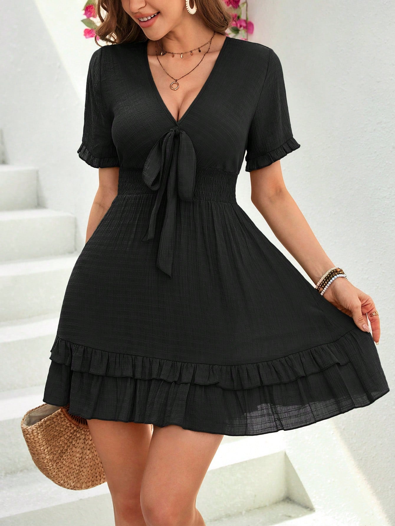 Casual V-Neck Lotus Leaf Hem Summer Dress