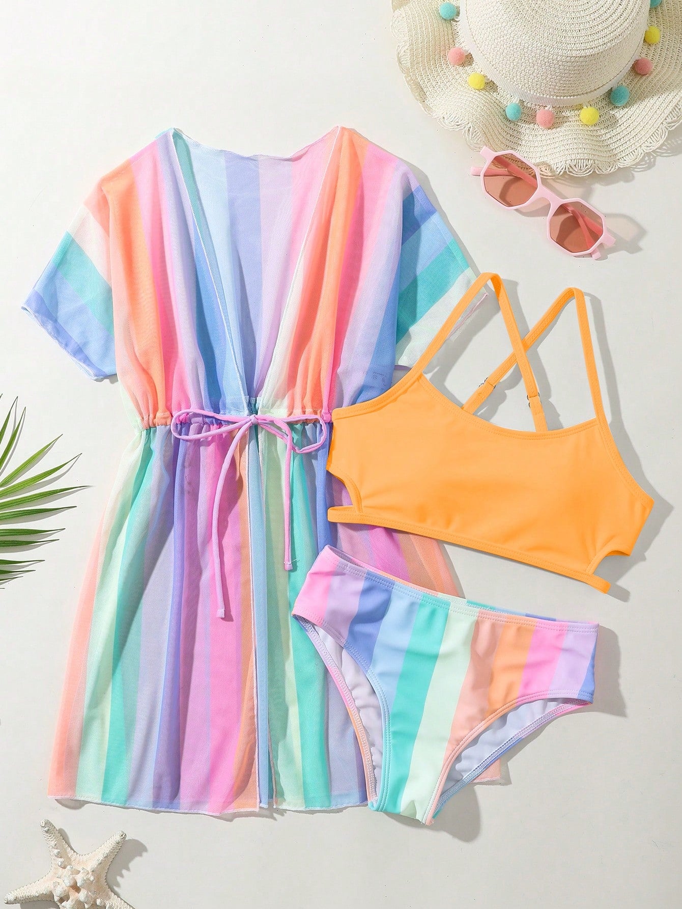 Tween Girl Fashionable Sweet Summer Separated Three-Piece Bikini Set Summer Beach