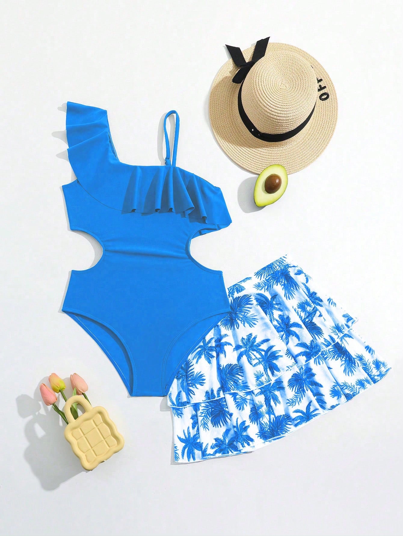 Tween Girls Solid Ruffle Trim One-Piece Swimsuit And Coconut Resort Print Skirt Two-Piece Set