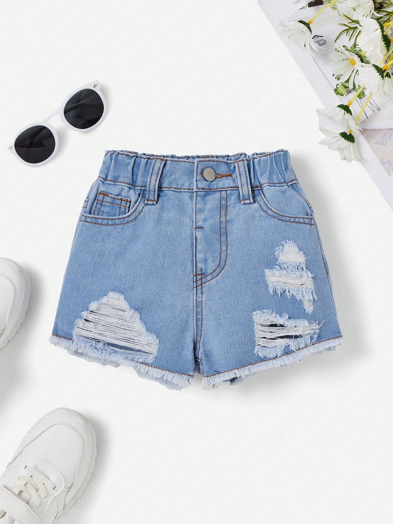 Young Girl Spring Summer Boho Pink High Waisted Elastic Waist Ripped Washed Denim Shorts