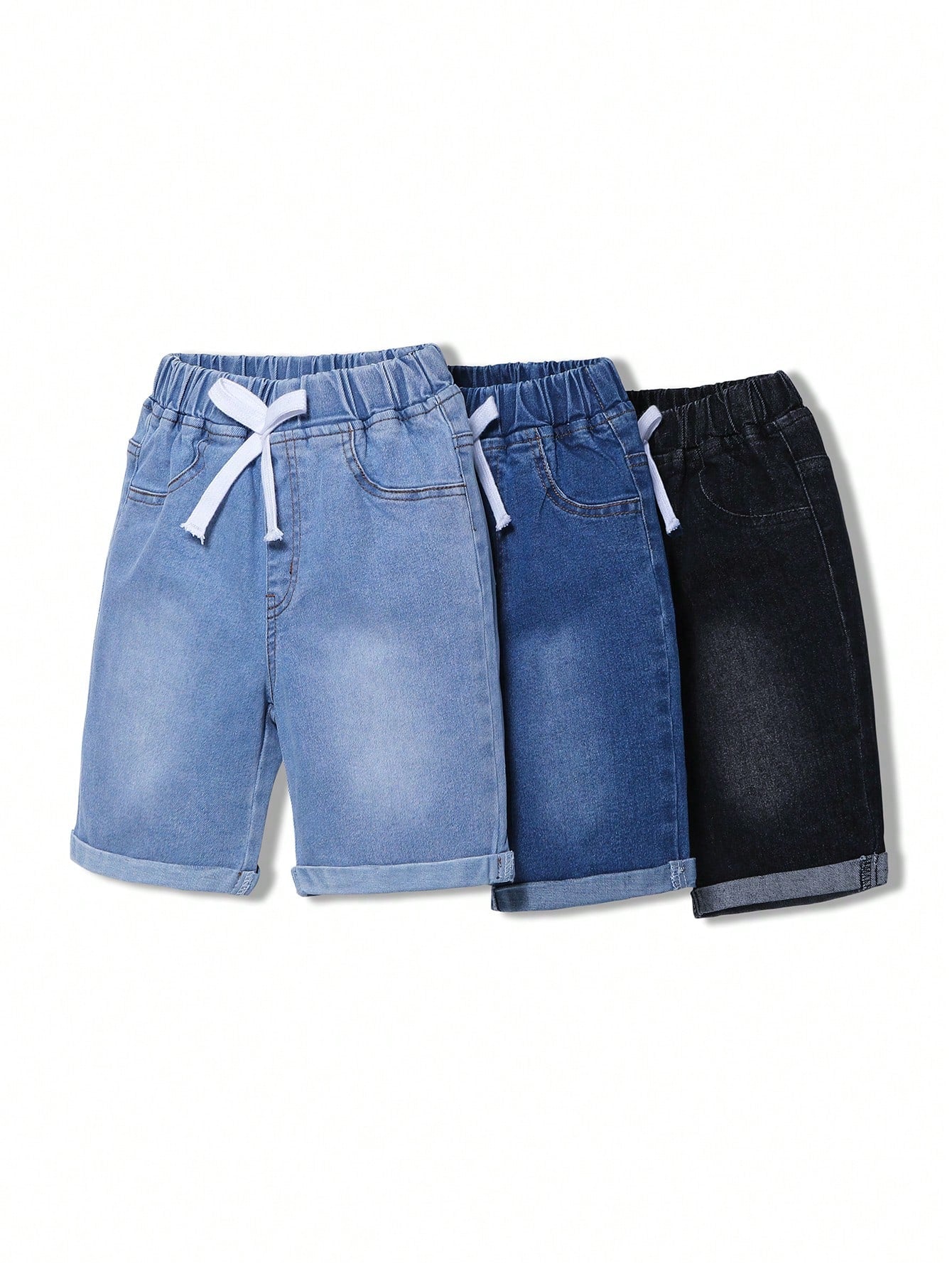 Young Boy Casual Basic Denim Shorts, Fully Elastic Waist With Fake Drawstring Decoration And Roll Up Hem Details, 3-Pack