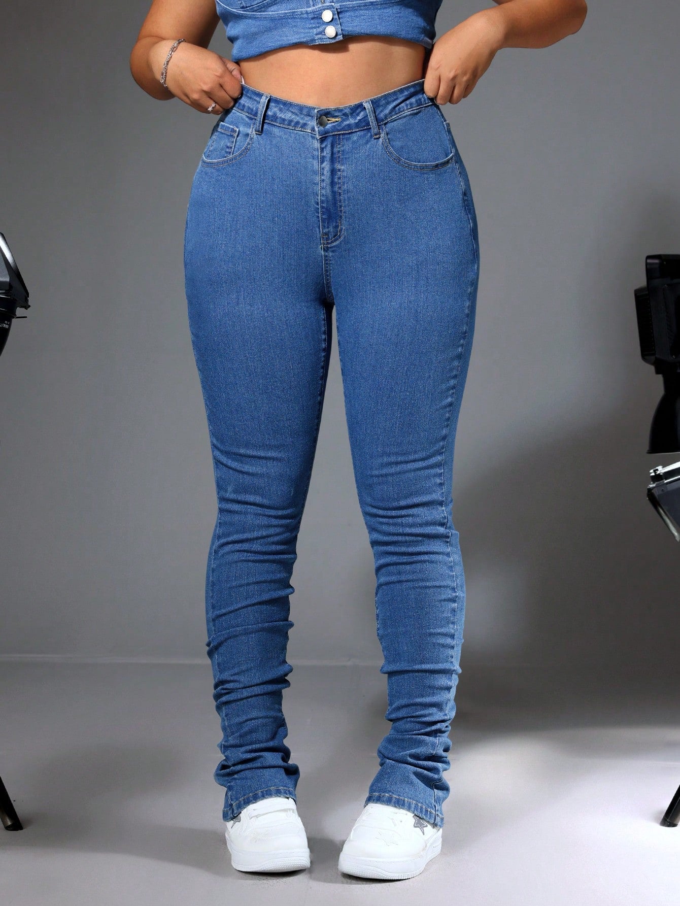 Plus Size Solid Color Skinny Jeans For Daily Wear, Simple And Casual